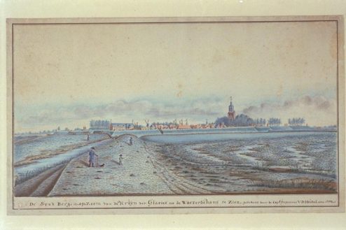 Anthony van den Heuvel, De Stad Bergen op Zoom van de Kruyn der Glacies na de Waterschans te zien, 1787, tekening, pen in zwart, penseel in kleur. 