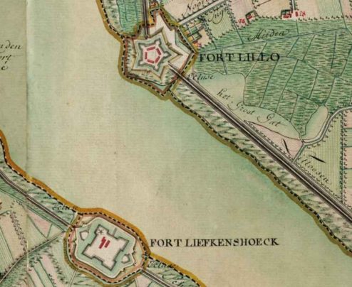 Fort Liefkenshoek en Lillo, aan de Schelde, kaart Ferraris, 1775. 
